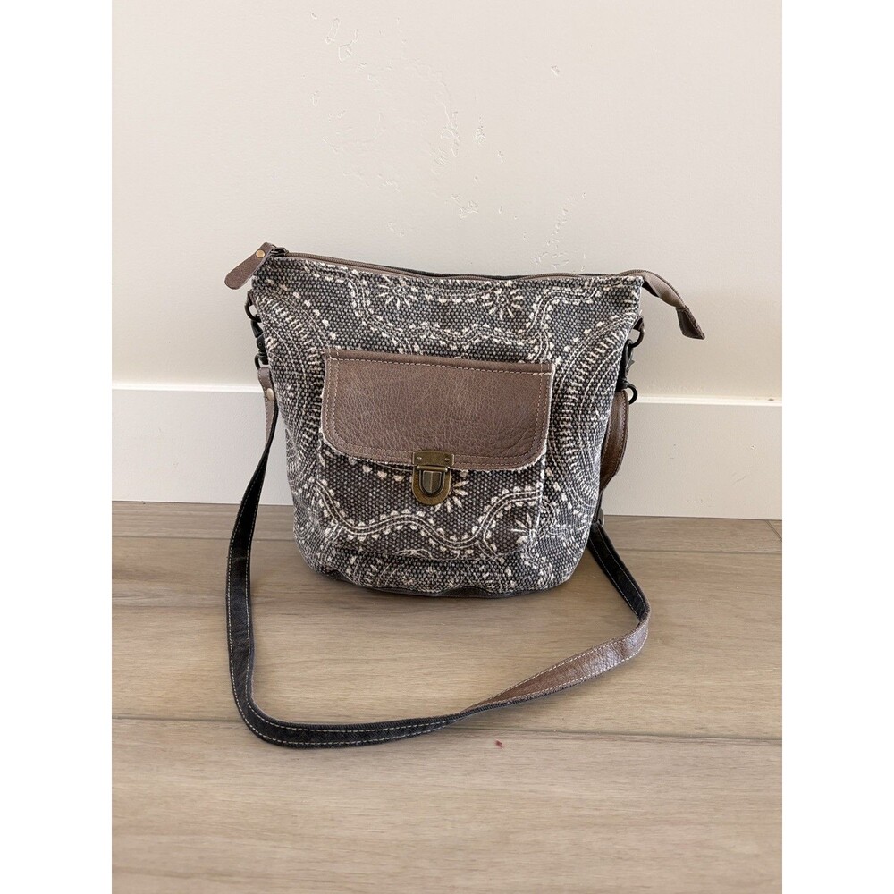 Myra Bag canvas leather shoulder crossbody bag purse grey brown floral